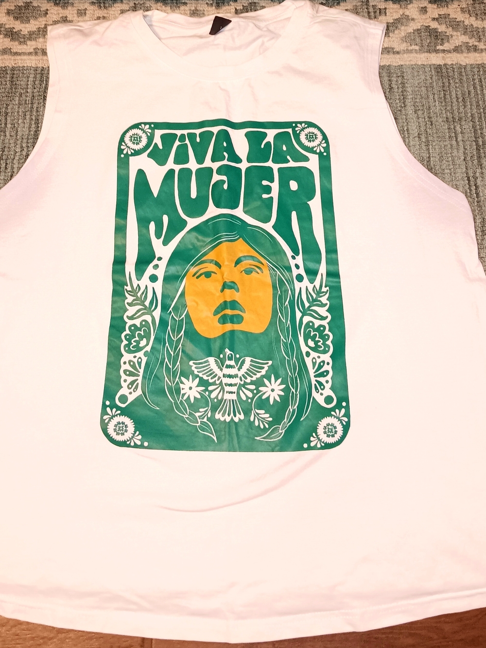 SHEIN White Graphic Tank with Green and Yellow Print
